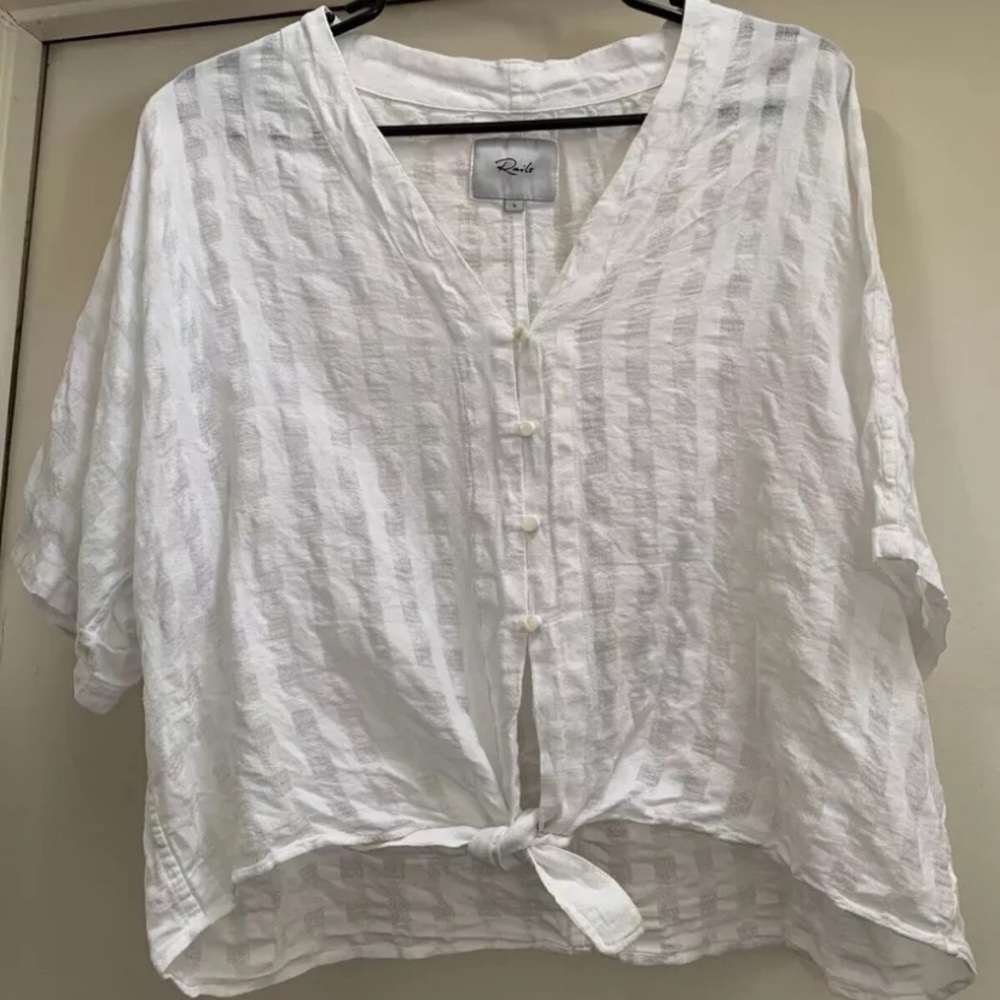 Rails Thea powder check Textured White Blouse Top L Large Versatile Tie Waist - Picture 4 of 9
